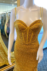 Yellow Sequins Doubel Straps Mermaid Long Prom Dress with Slit